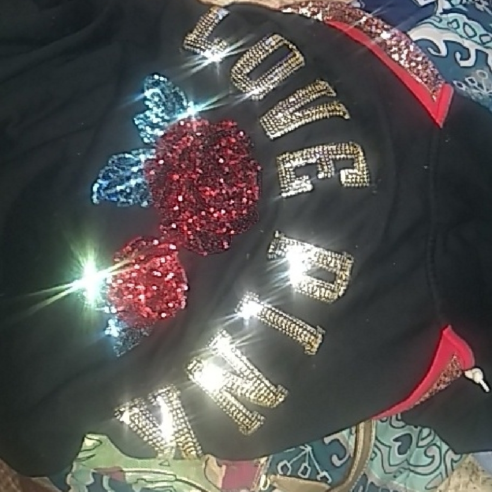 PINK Victoria's Secret Black Hoodie with Glitter Rose and Love Print To